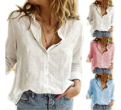 Blusa De Lino Y Algodón De Manga Larga Talla Grande