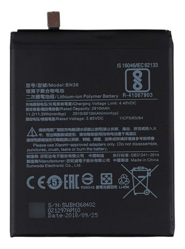 Bateria Para Xiaomi Mi A2 Bn36 (4.4v-2910mah) 11.5w