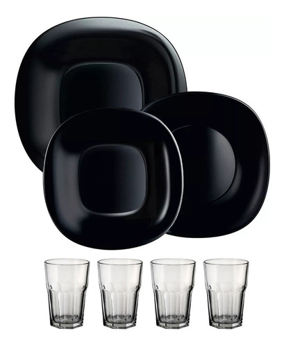 Juego Vajilla Platos Vasos 16pz Luminarc Carine Blanco Negro