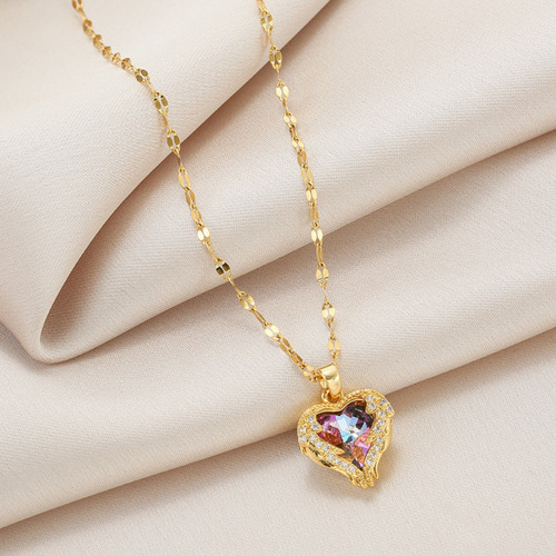 Imagen 5 de 10 de Collar Dije Corazón Acero Oro Rosa Con Cristal Rosa Iced