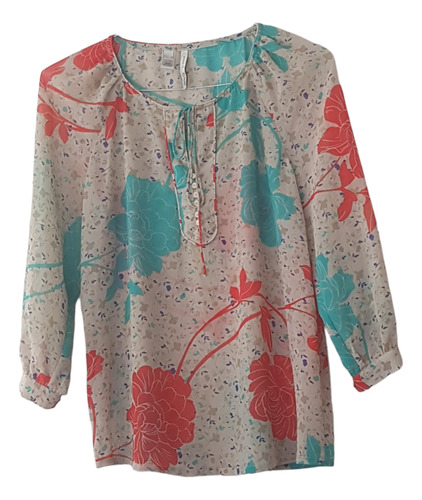 Blusa, Mango, Gasa, Estampada, Beige/verde/naranja, Talla M