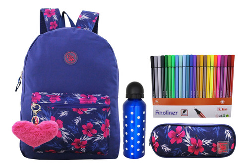 Mochila Feminina Escolar Floral Juvenil Mf8104 + Kit Pompom