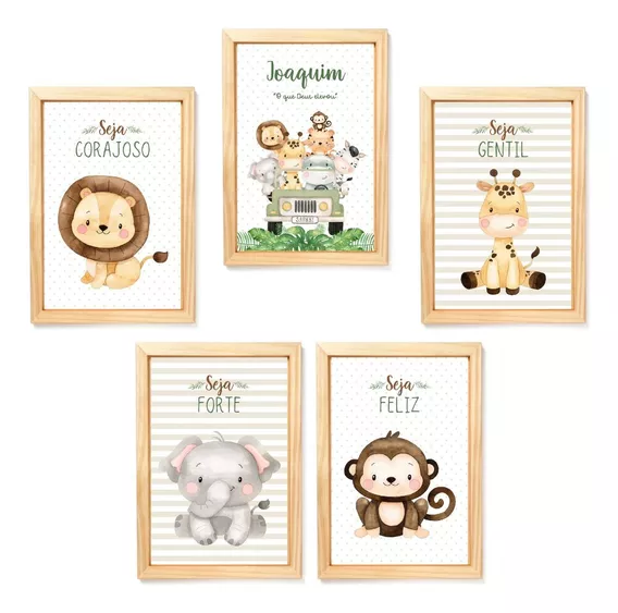 Kit 5 Quadros Decorativos Safari Baby Aquarela Bege Moldura