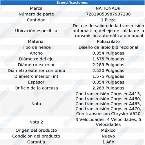 1 Retén Transmisión P/plymouth Caravelle 83 Al 89 National