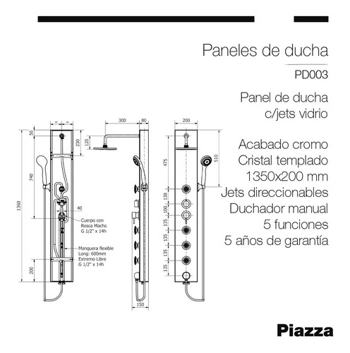 Imagen 3 de 5 de Panel Ducha Piazza Pd003 Escocesa Jets Direccionables Vidrio