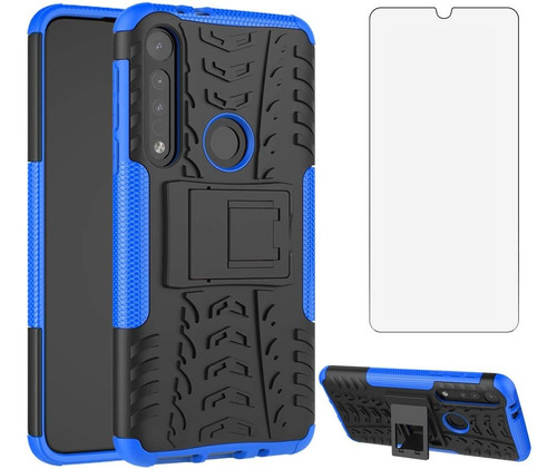 Funda Negra Azul Soporte + Protector Para Moto G8 Play