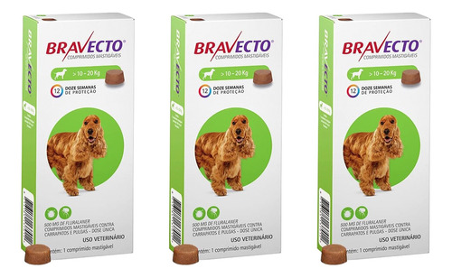 Kit 3 Un. Bravecto 500mg Comprimido Para Cães De 10 A 20 Kg Cor Verde-claro