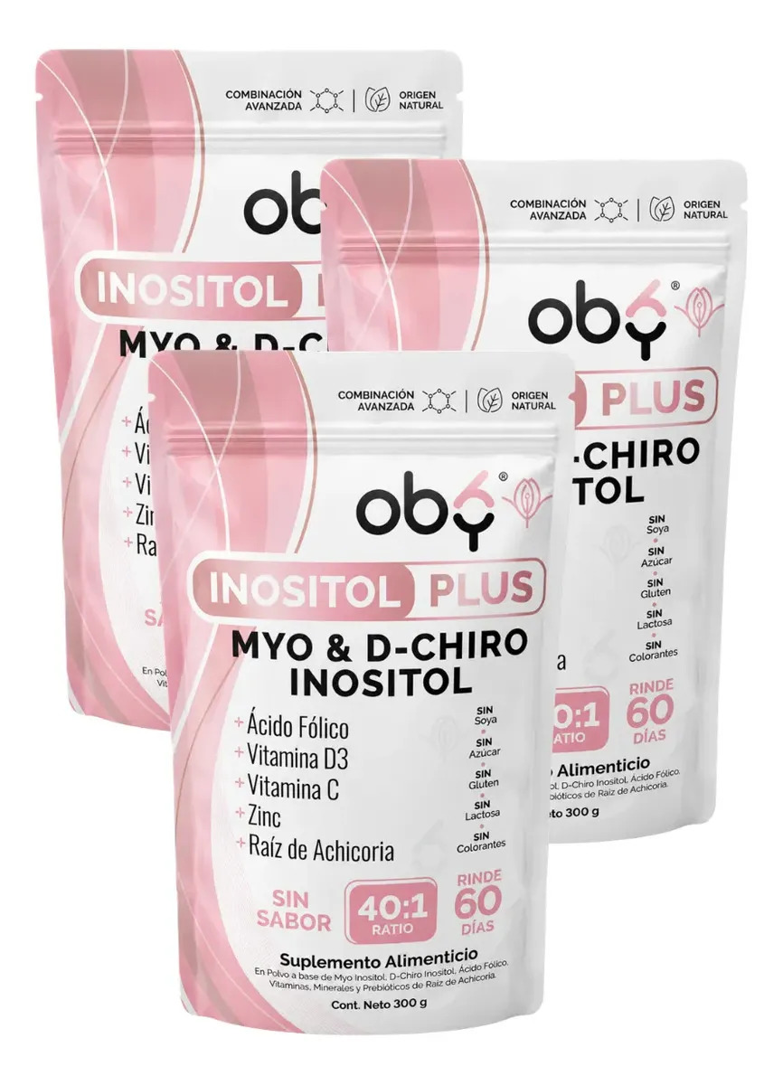 3-pack 900g Myo Y D-chiro Inositol Plus 40:1 | Acido Folico, Prebioticos, Vitaminas D3, C, Zinc | 4100mg Porcion | Balance Hormonal Mujer Sop Mujer Mayo | Oby Suplemento Polvo Sin Sabor | 180 Tomas