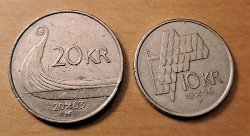 Noruega X 2 Monedas 10 Coronas 1996 Y 20 Coronas 2003