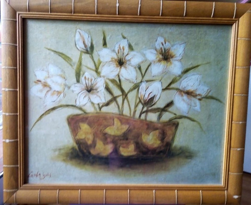 Cuadro Maceta Con Flores Marco Madera Medidas 48 X 58cm