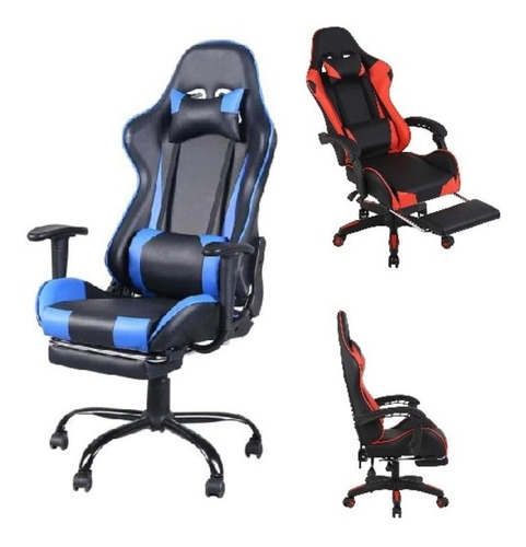 Cadeira Escritorio Gamer Fire Apoio Pés Almofadas Preta Azul