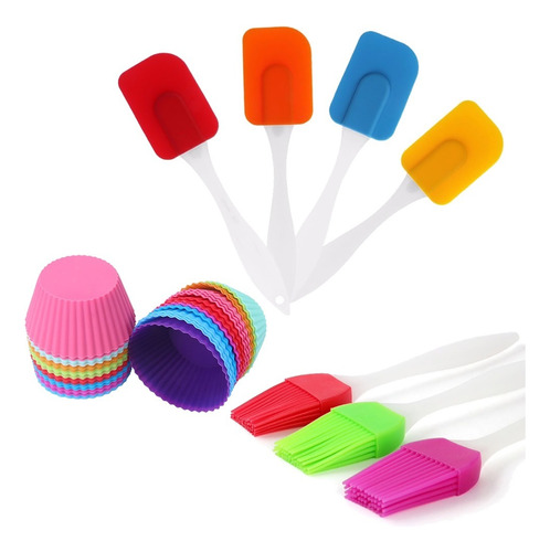 Kit Culinária 12 Forminhas De Silicone, 1 Pincel, 1 Espátula