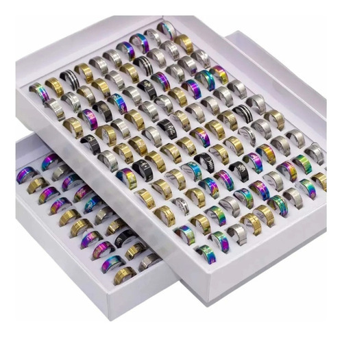 Lote Caja 100 Anillos Acero Inoxidable Mayoreo Negocio Moda