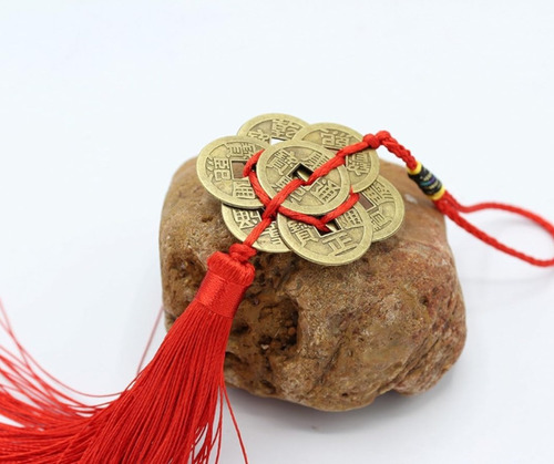 Colgante 7 Monedas Chinas Fengshui Nudo Infinito Abundancia Rojo