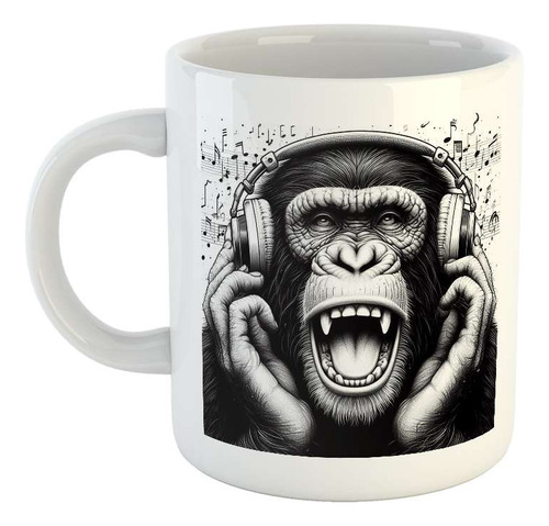 Taza Ceramica Simio Auriculares Musica Gritando Canta