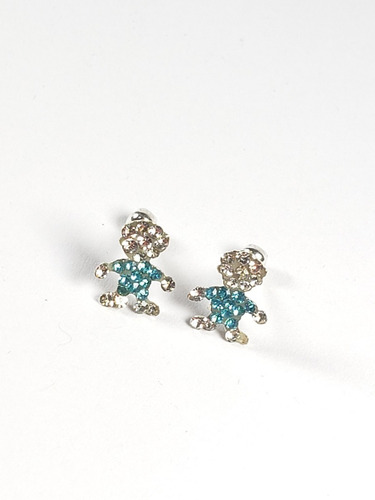Aretes Broquel De Niños Zirconias Azul Plata Y Estuche Ñ5
