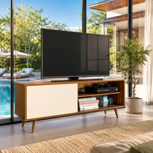 Rack Estante para TV Retrô com Porta Nicho e Pé Palito