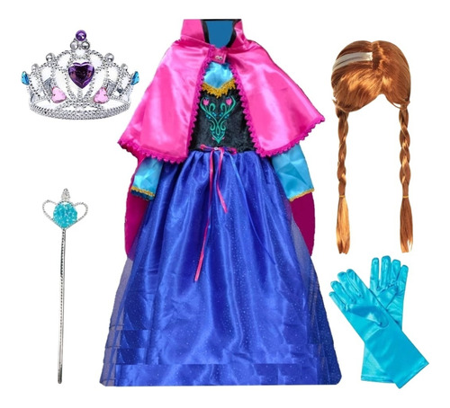 Disfraz Vestido Princesa Anna Frozen Con Capa + Accesorios Y Peluca