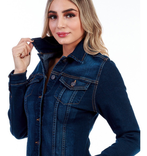 Imagen 5 de 5 de Chamarra De Mezclilla Stretch Mujer Ajustable Azul Oscuro