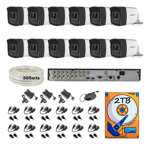 Kit Circuito Cerrado 12 Camaras Hd 5mp Utp 305mt 2tb