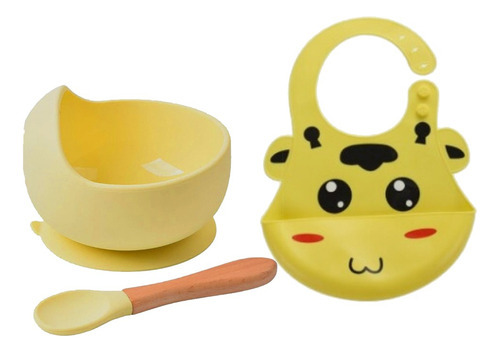 Babador Silicone Tigela Ventosa E Colher Luxo - Baby Cor Kit Babador e Tigela Amarelo Tamanho UN