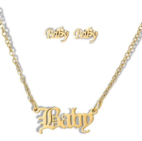 Collar Baby Letra Gótica Chapa De Oro 18k Y Acero Inoxidable