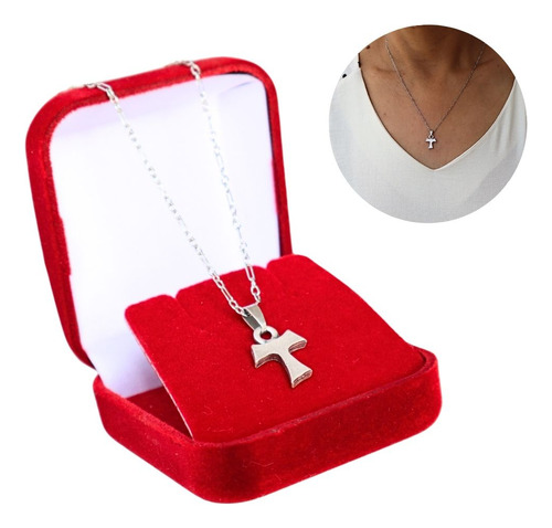 Colar Prateado Com Medalha Tau Franciscano Mini Em Prata Cor Vermelho