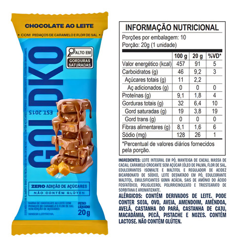 10 Barra De Chocolate Com Caramelo Zero Açúcar Goldko 20g