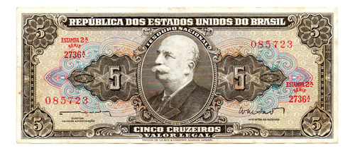 Billete Brasil 5 Cruzeiros, Pick 176a, Año 1962 Usado Bueno