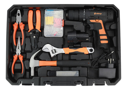 Maleta Com Ferramentas 112 Com Furadeira Elétrica S/fio 12v Preto E Laranja