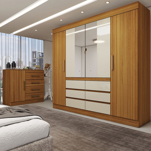 Guarda-roupa Casal Honey 4 Portas Cinamomo/off White - Pm Cor Bege