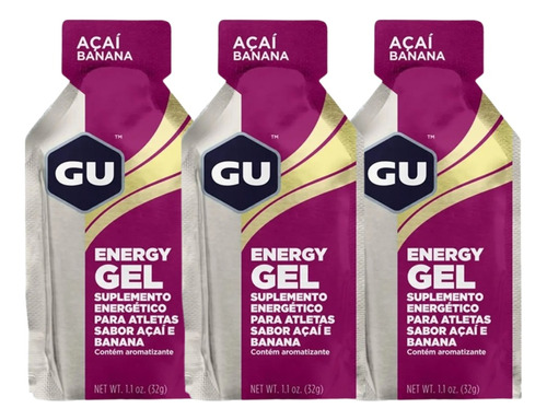 Kit 3 Gel De Carboidrato Isotônico Gu Energy Gel Carbo Gel Sabor Açaí Com Banana