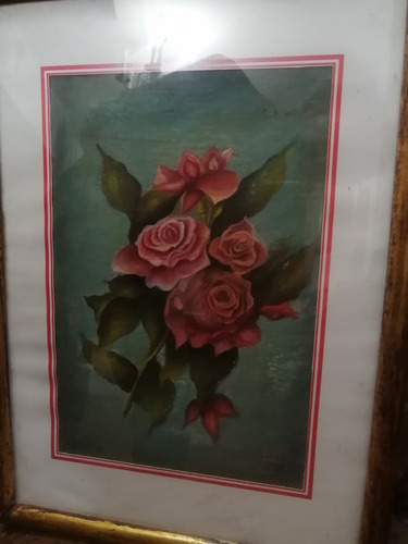Cuadro Pintura Flores Rosas Oleo En Tela Bajo Vidrio 