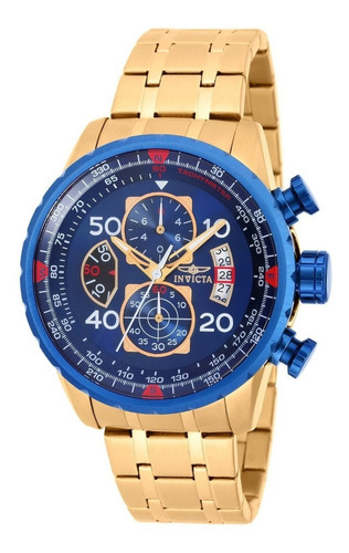 Reloj Hombre Invicta Aviator Enchape Dorado Taquimetro 19173 Color Del Bisel Azul Color Del Fondo Azul