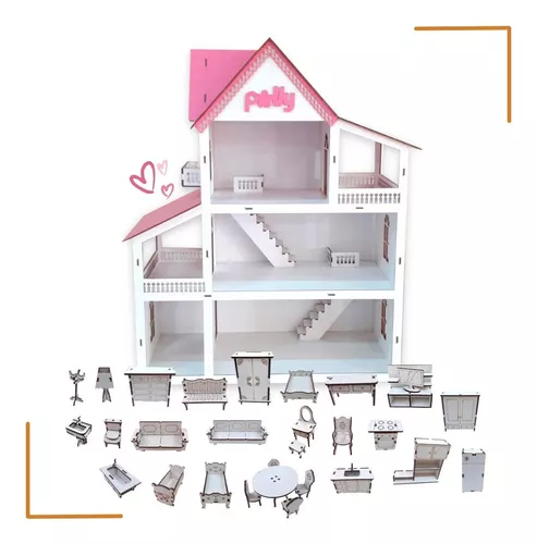 Kit Casinha Casa De Boneca + 30 Moveis Em Mdf Pintado