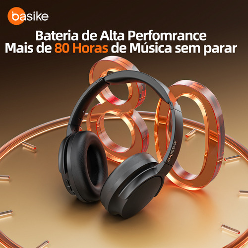 Basike BA-FON168 fone de ouvido over-ear bluetooth sem fio com anc ativo 80h bateria áudio hd graves intensos espuma com memória perfeito para viagens e home office Preto