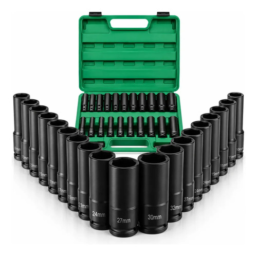 Jogo Soquete Longo Sextavado Impacto 1/2 8 A 32 Mm 15pcs Preto vlx jogo Soquete Longo Sextavado Impacto 1/2 8 A 32 Mm 15pcs