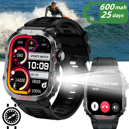 Reloj Inteligente Hombre Caballero Smart Watch Reloj Militar Con Linterna Deportivo Alexa 2.1bluetooth Llamada Ip68 Impermeable Resistente Al Agua 900mah