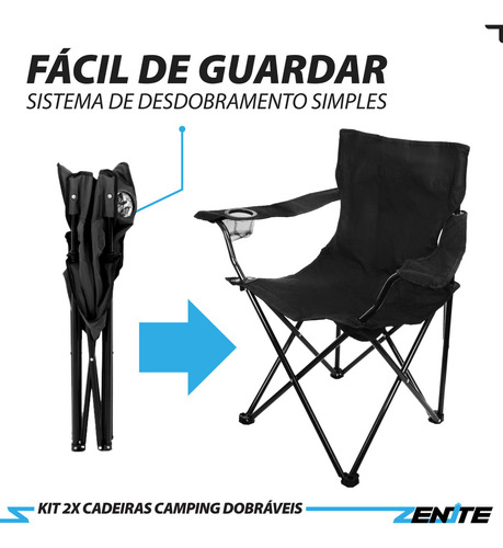 Kit 2 Cadeiras Praia Camping Pesca Dobrável Com Porta Copos + Bolsa Preta Zenite