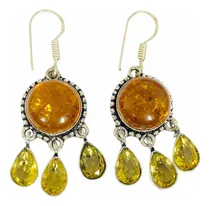 Comprar Aros Círculo Ámbar Báltico Gotas Citrino Natural Plata India