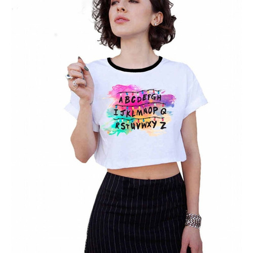  Crop Top  Cuello Negro/blco Focos Acuarela Stranger Thngs  