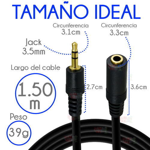 Extensión Cable Auxiliar 1.5m Jack 3.5mm Audio Macho Hembra