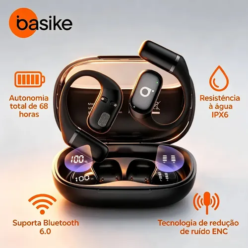 Basike Fone de Ouvido Bluetooth6 OWS Sem Fio Esportivo Anticair com ENC Cancelamento de Ruído 60h Bateria IPX6 ProvaD'água Visor LED Leve Confortável para Academia Corrida Ciclismo