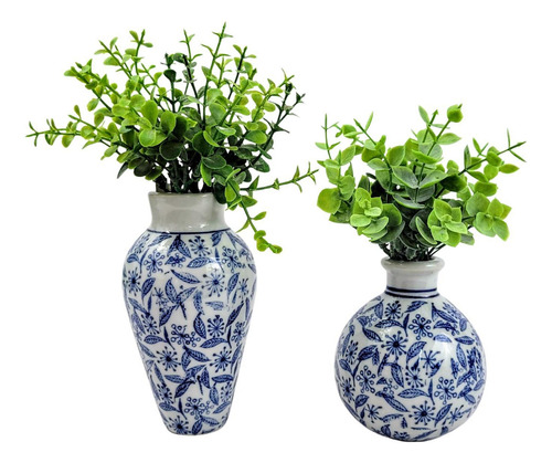 Vaso Azul E Branco 14/10cm Floral Porcelana Mini Kit 2pc
