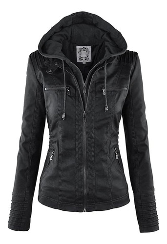 Chaqueta Pu Para Mujer Basica Invierno Moto Capucha Color Un