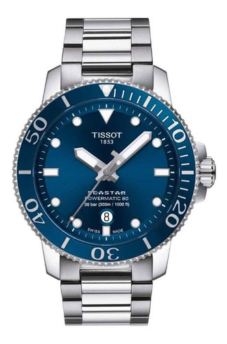 Relógio masculino automático Tissot Seastar 1000 em aço | Cor de fundo azul | pulseira azul, cor: moldura de aço, cor azul