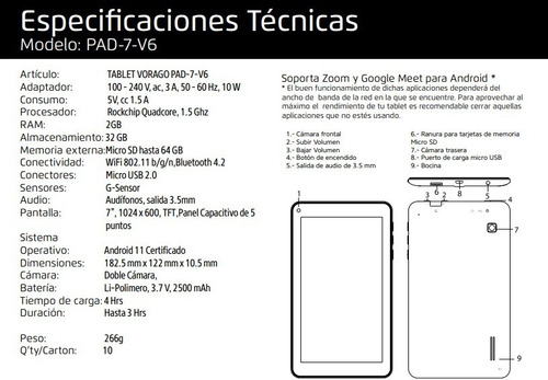 Tablet Vorago Pad-7 V6 Negro, Pantalla 7 , 32gb Y 2gb De Memoria Ram, Microsd (max 64gb), Wifi, Bluetooth, Doble Cámara, Android 11 Certificado