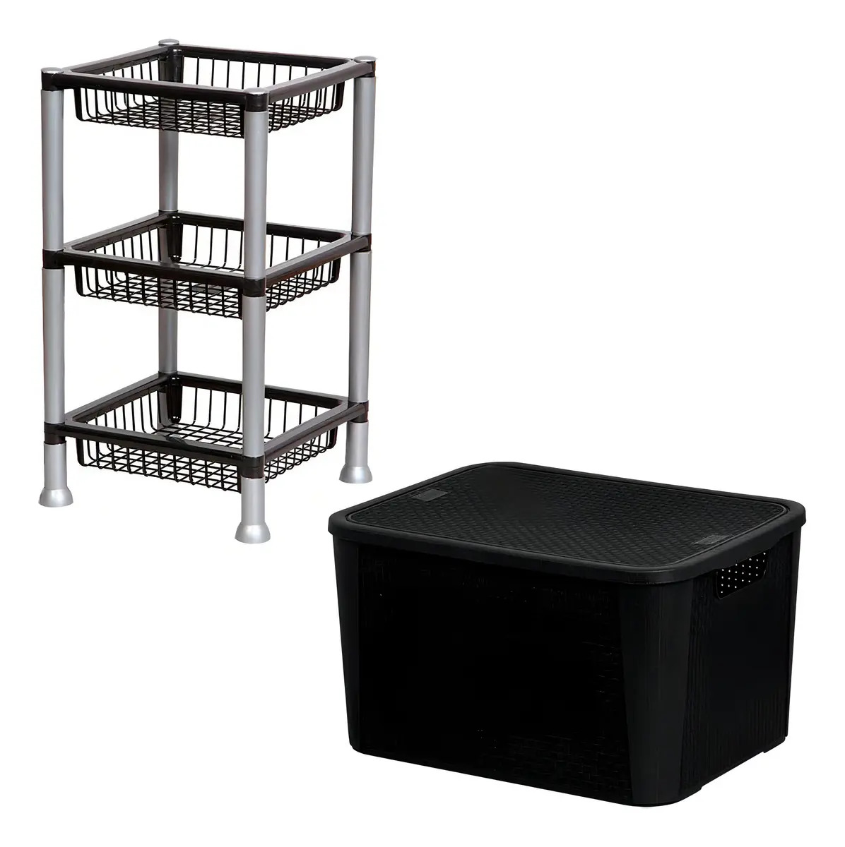 Kit Organizador Cozinha Plasnew Rattan Preto 42L e Fruteira 3 Andares