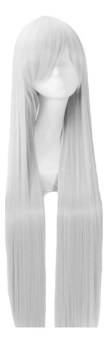 Peluca Gris Claro Larga Lisa Con Fleco Cosplay Kanekalon L.1 Tamaño De La Base Unitalla