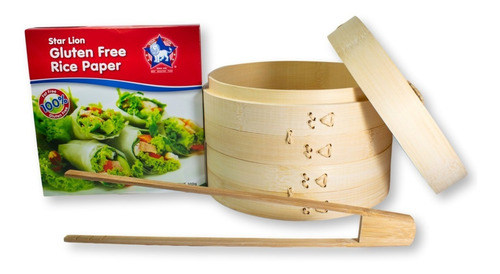 Vaporera 20cm 2 Niveles + Papel De Arroz + Pinza De Bambú